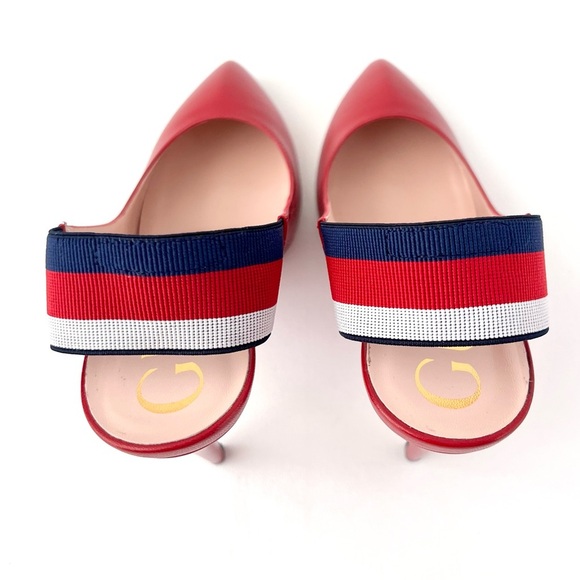 New GUCCI | Sylvie Web Stripe Slingback Red Leather Pointed Pumps EU 39 US 9 - Picture 8 of 16
